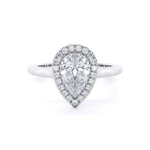 The Leda ring's pear diamond in white gold is gracefully encircled by a halo, exuding elegance