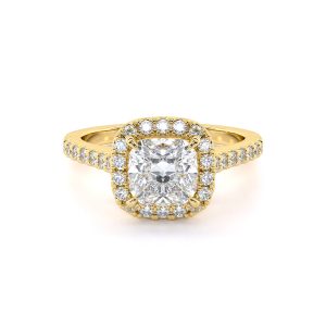 Thalia Stylish cushion-shaped halo diamond ring with accent stones in 18K yellow gold, epitomizing modern elegance and a unique design flair