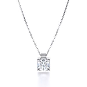 Refined 1 carat round diamond showcased in a square pendant, elegantly designed in 18k white gold front view
