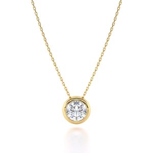An opulent 1 carat round diamond pendant, combining the timeless elegance of a round setting with the traditional charm of 18k yellow gold front view