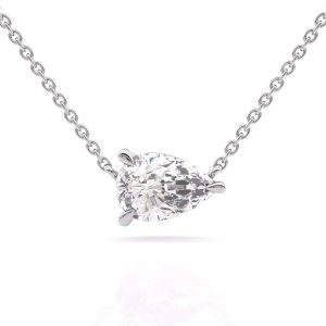 Delicate 3 prong pear diamond solitaire pendant necklace in 18k white gold front view