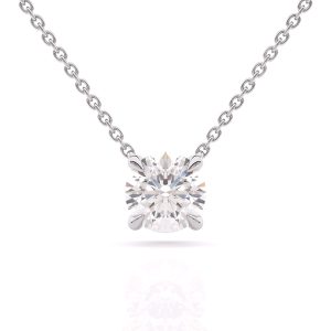 Classic 4 prong round diamond solitaire pendant necklace in 18k white gold front view