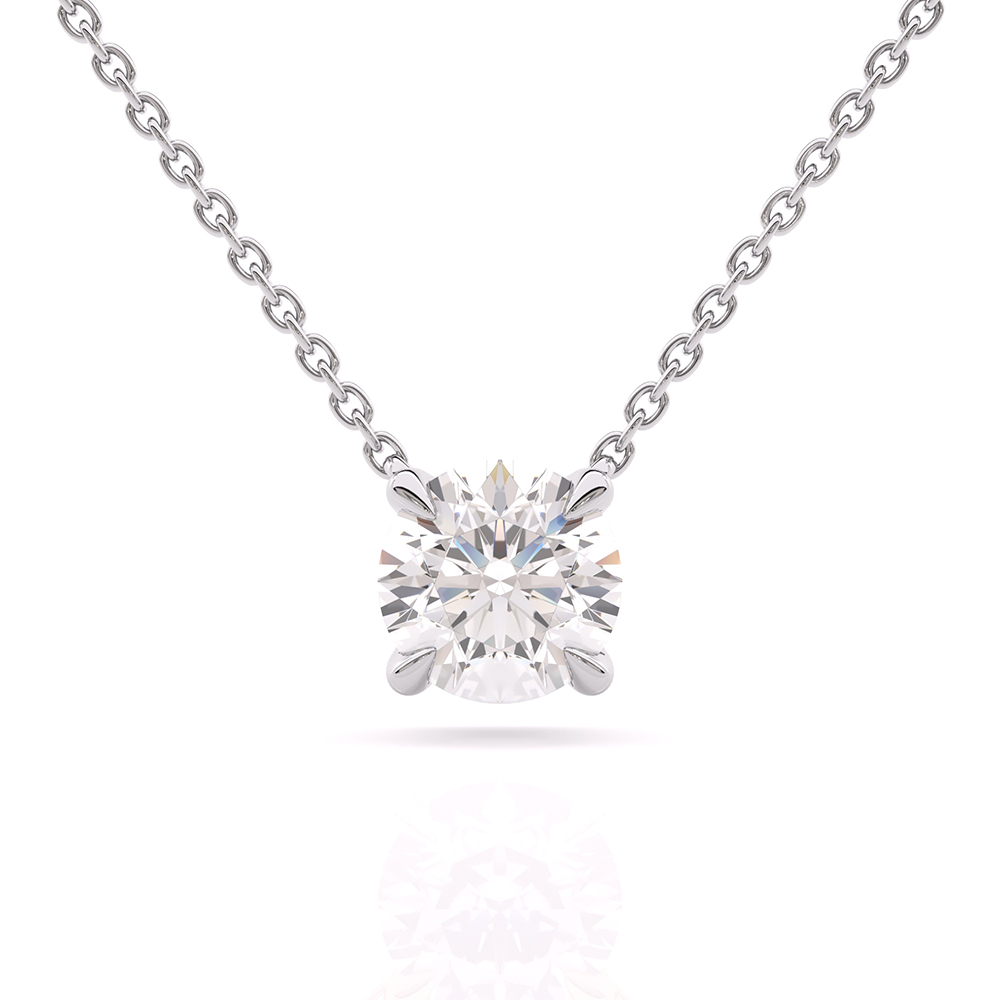 Classic 4 prong round diamond solitaire pendant necklace in 18k white gold front view