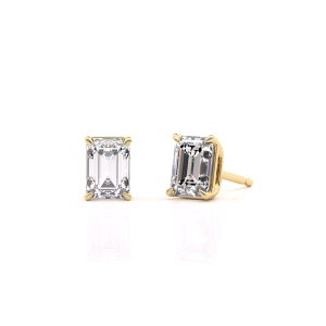 Elegant 0.75ct emerald-cut diamond stud earrings set in 18k yellow gold with 4-prong claw design