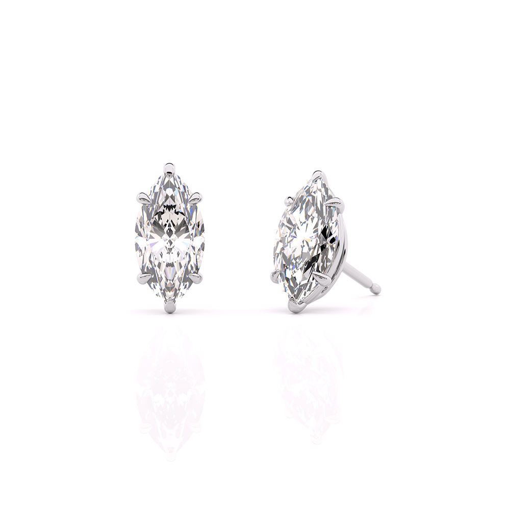Stunning 0.75ct marquise diamond stud earrings, beautifully set in 18k white gold with a secure 4-prong design front view