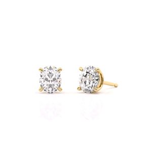 Graceful 0.75ct oval diamond stud earrings in 18k yellow gold, complemented by a refined 4-prong claw setting